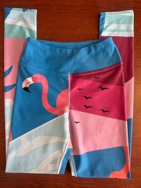 Loony Legs Flamingo Leggings Small High Waisted Tropical Pink Blue NWOT